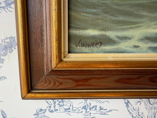 Large Vintage Clipper Ship Oil Painting on Canvas — Framed Maritime Seascape, Tall Ship Wall Art Signed J. Winfried