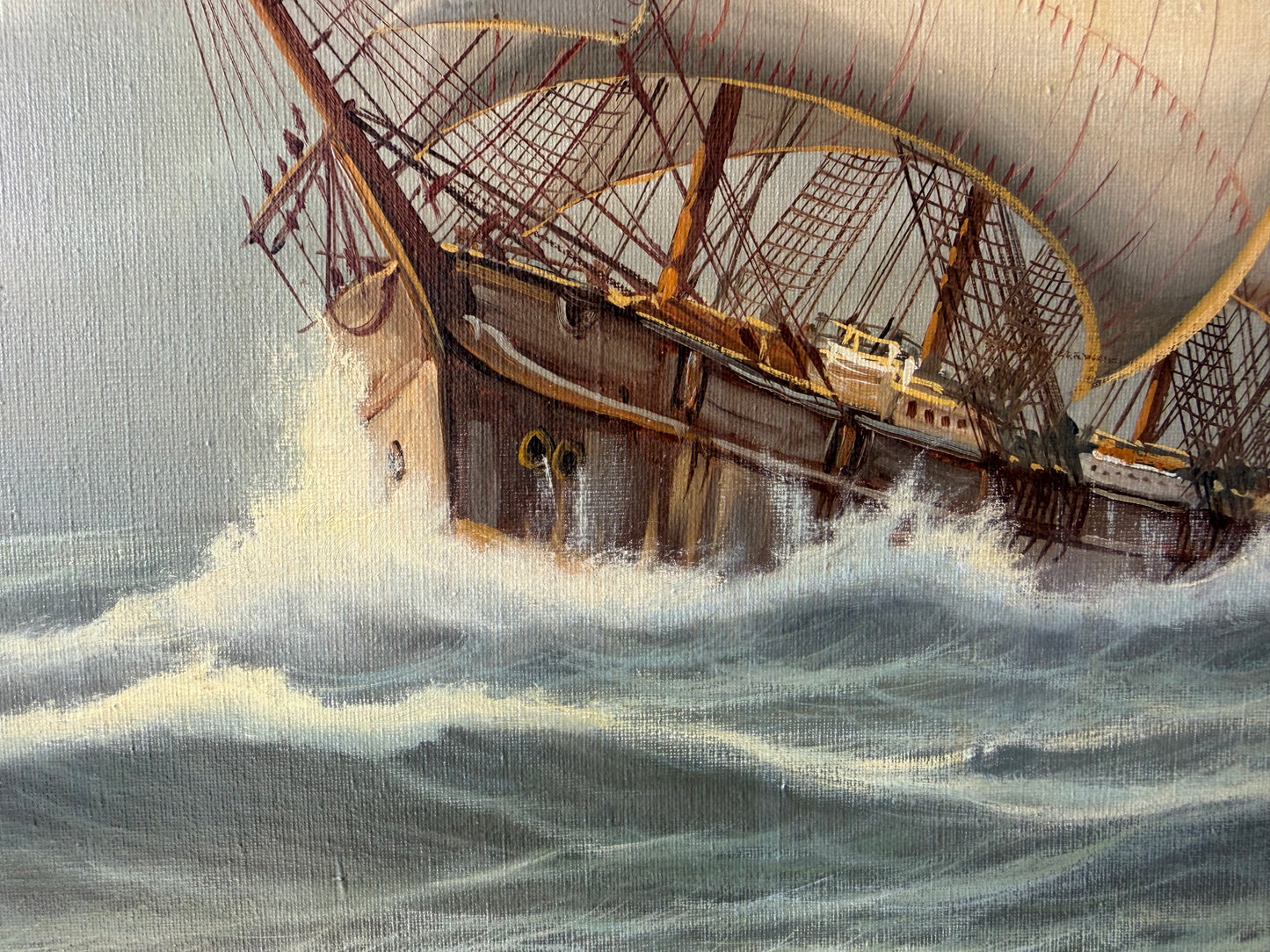 Large Vintage Clipper Ship Oil Painting on Canvas — Framed Maritime Seascape, Tall Ship Wall Art Signed J. Winfried