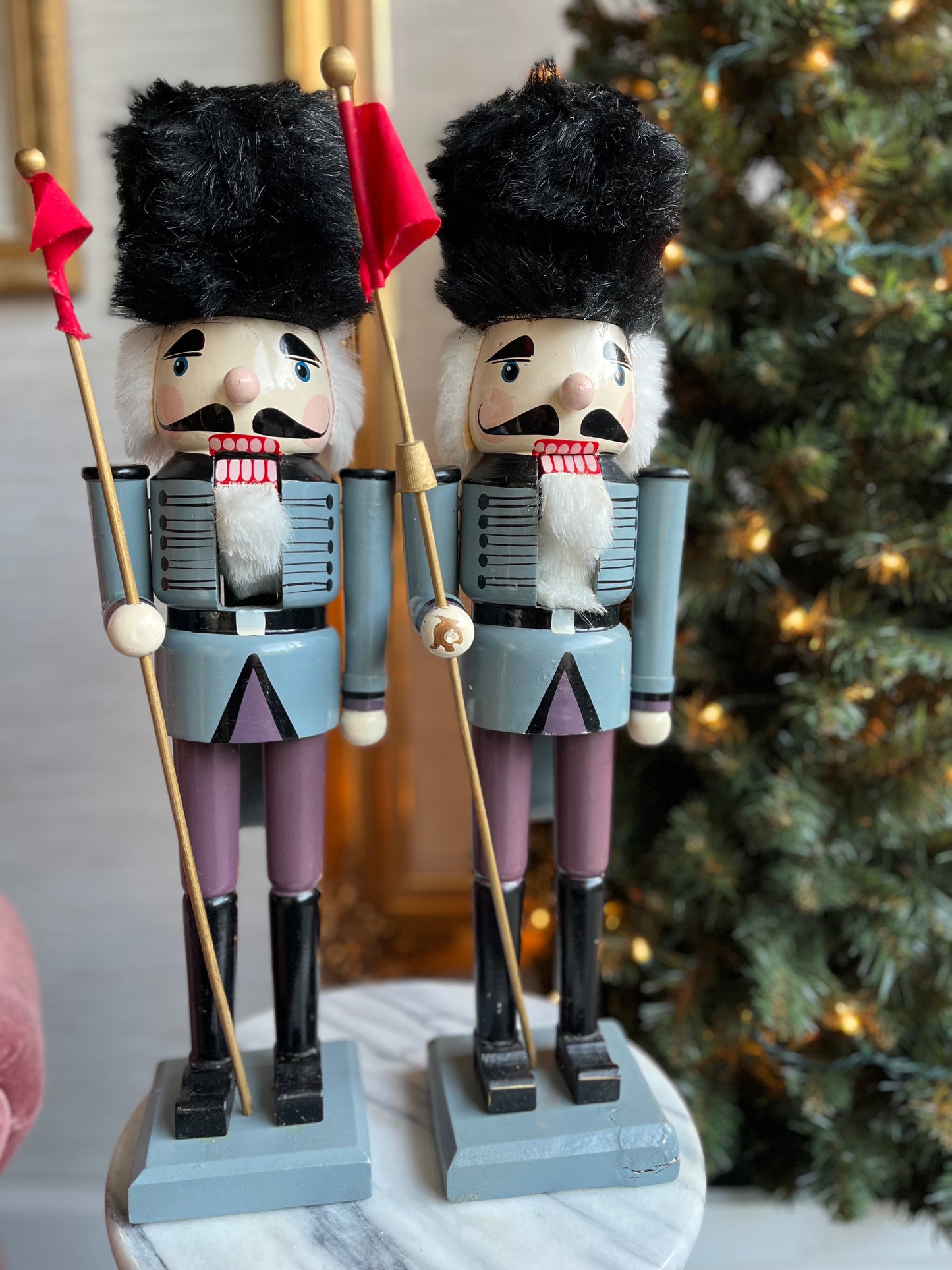 Vintage Hand Embellished Pair of Wooden Nutcracker Soldiers