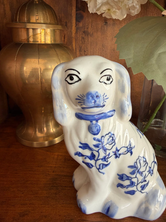 Hand-Painted Staffordshire Style Spaniel | Blue & White Ceramic Dog Figurine