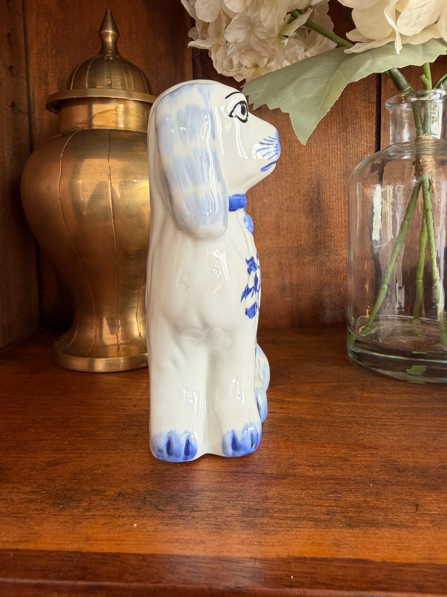 Hand-Painted Staffordshire Style Spaniel | Blue & White Ceramic Dog Figurine