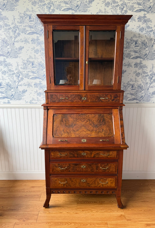 Antique Victorian Burl Walnut Secretary Bookcase, c. 1880s, Drop Front Writing Desk Display Cabinet