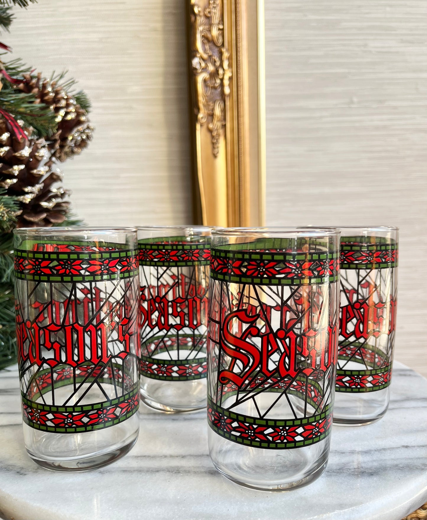 Vintage Season’s Greetings Stained Glass Tumblers by Houze Set Of 6 Glasses