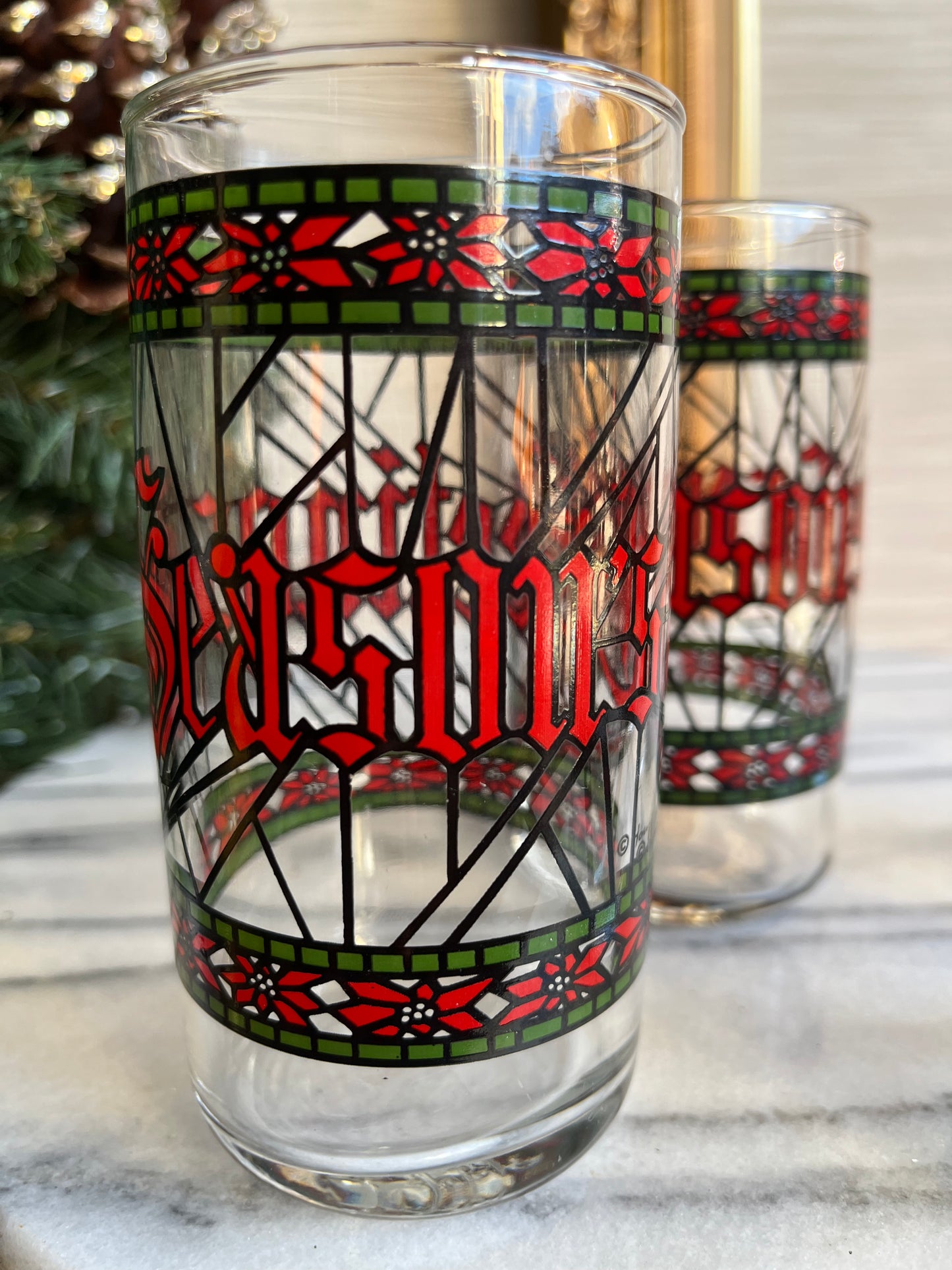 Vintage Season’s Greetings Stained Glass Tumblers by Houze Set Of 6 Glasses