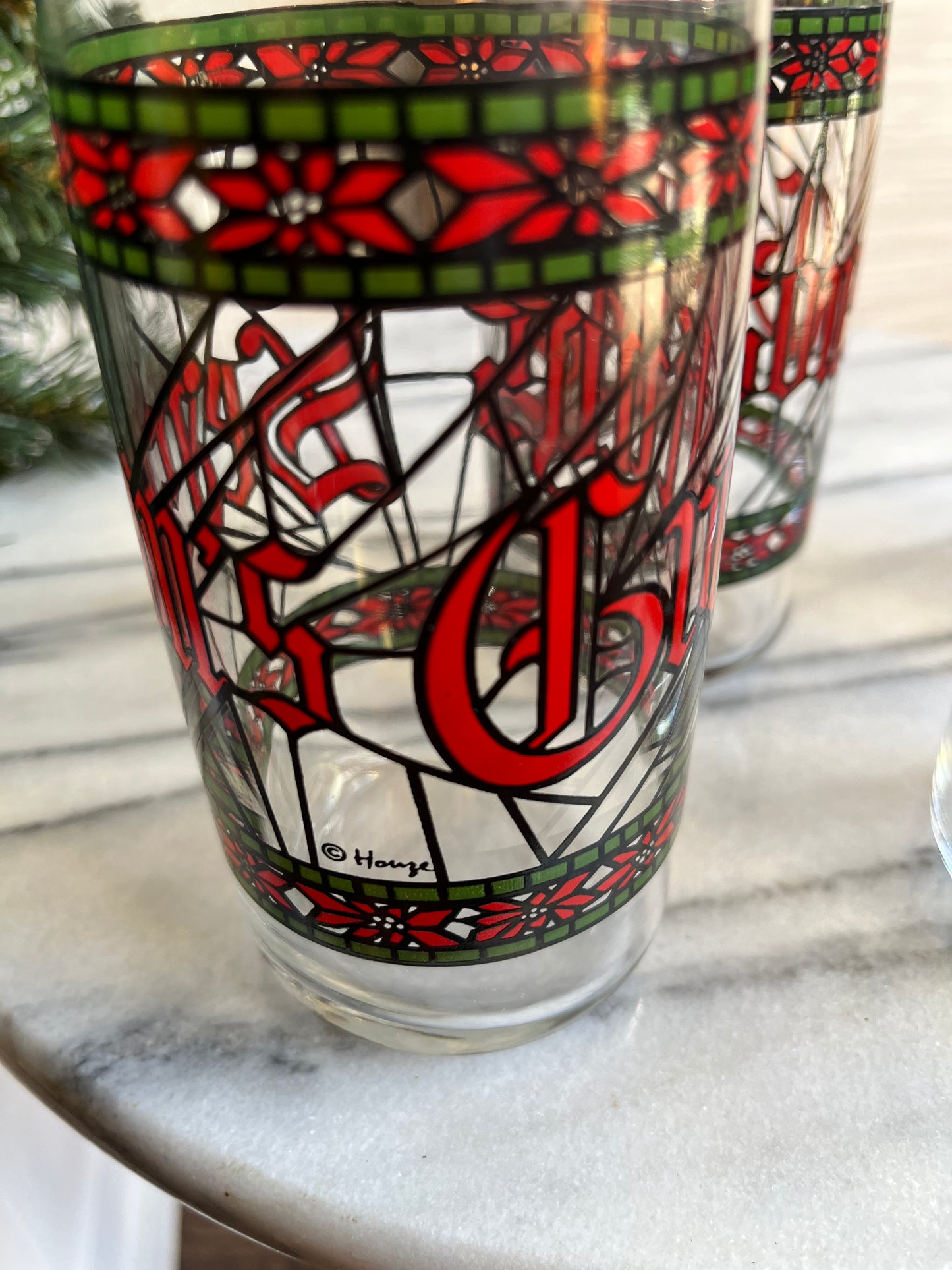 Vintage Season’s Greetings Stained Glass Tumblers by Houze Set Of 6 Glasses