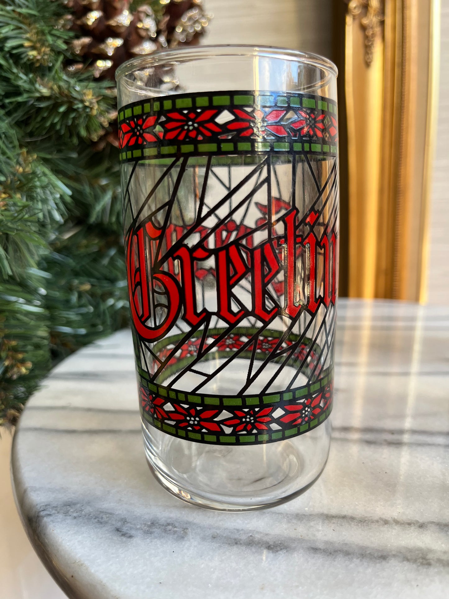 Vintage Season’s Greetings Stained Glass Tumblers by Houze Set Of 6 Glasses