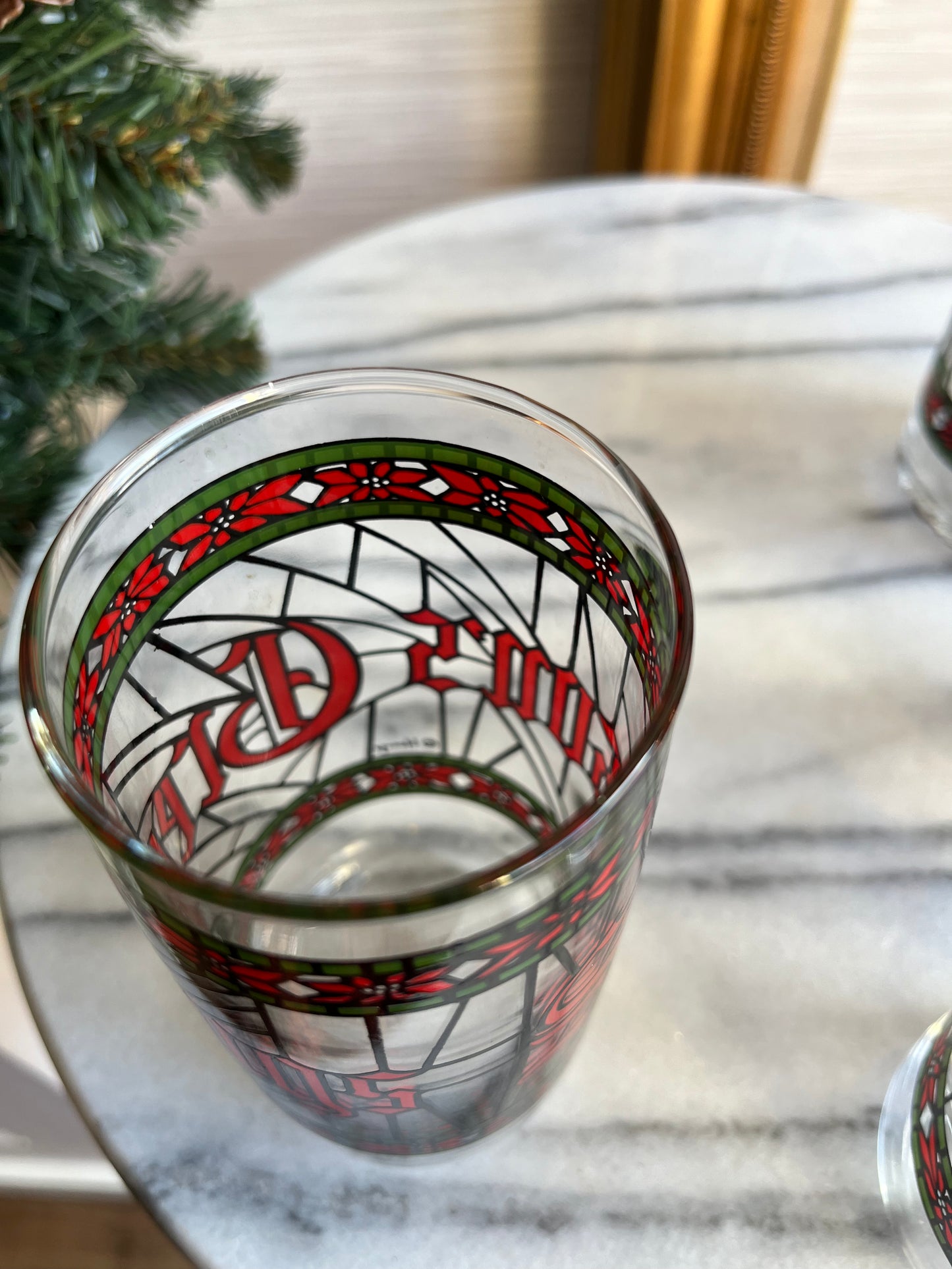 Vintage Season’s Greetings Stained Glass Tumblers by Houze Set Of 6 Glasses