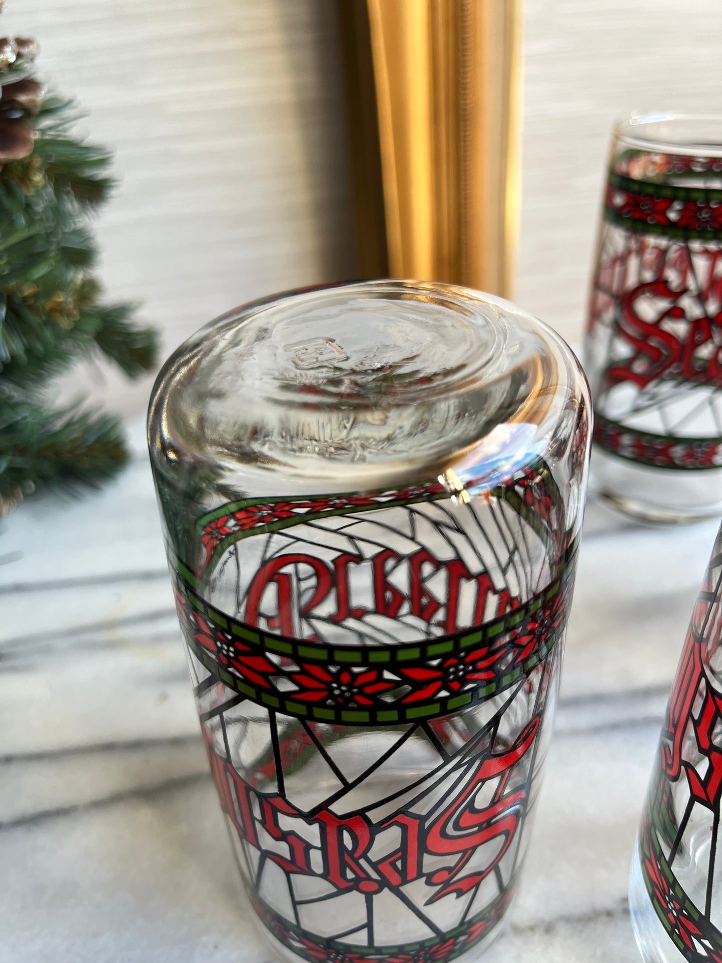 Vintage Season’s Greetings Stained Glass Tumblers by Houze Set Of 6 Glasses