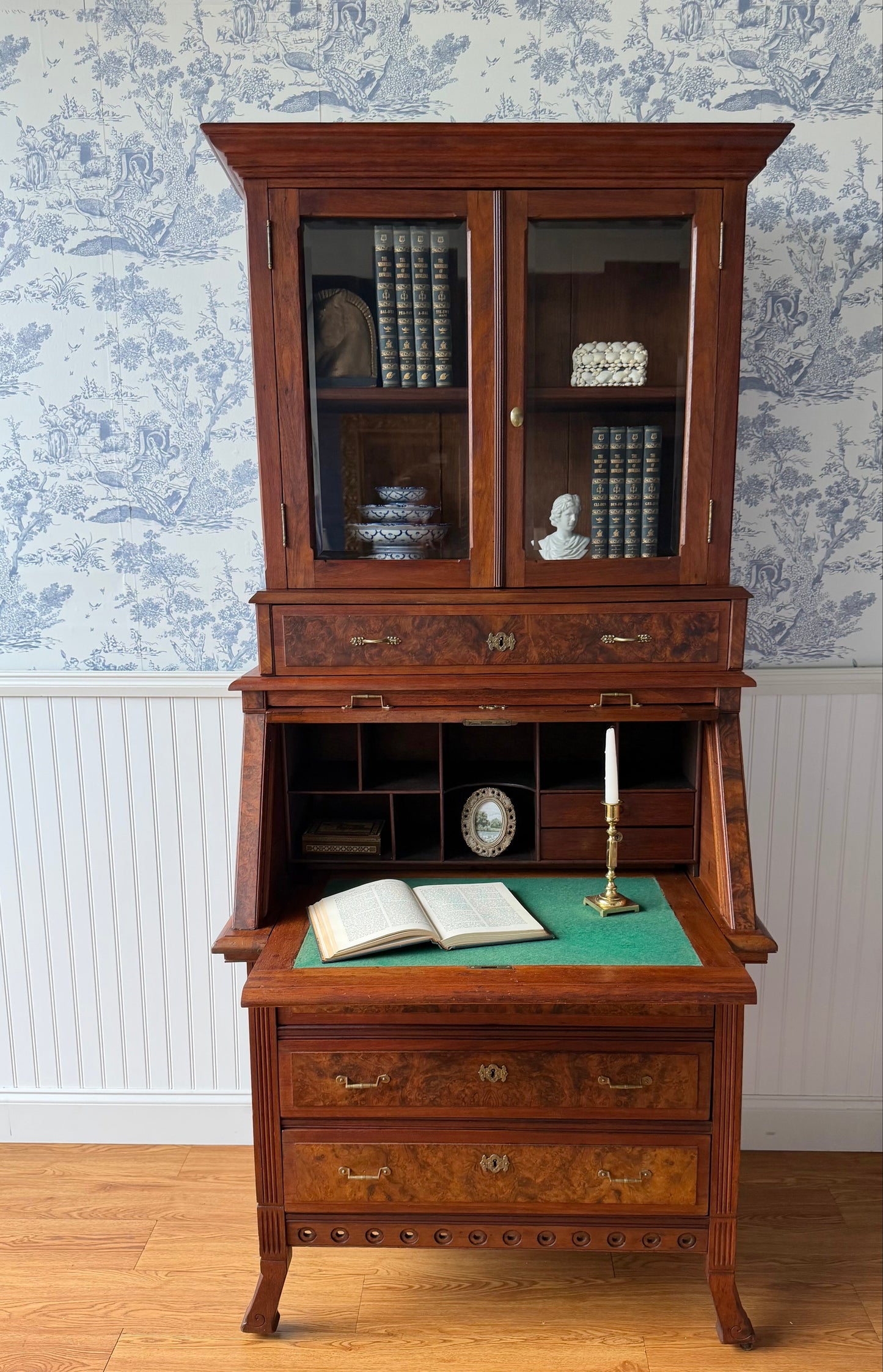 Antique Victorian Burl Walnut Secretary Bookcase, c. 1880s, Drop Front Writing Desk Display Cabinet