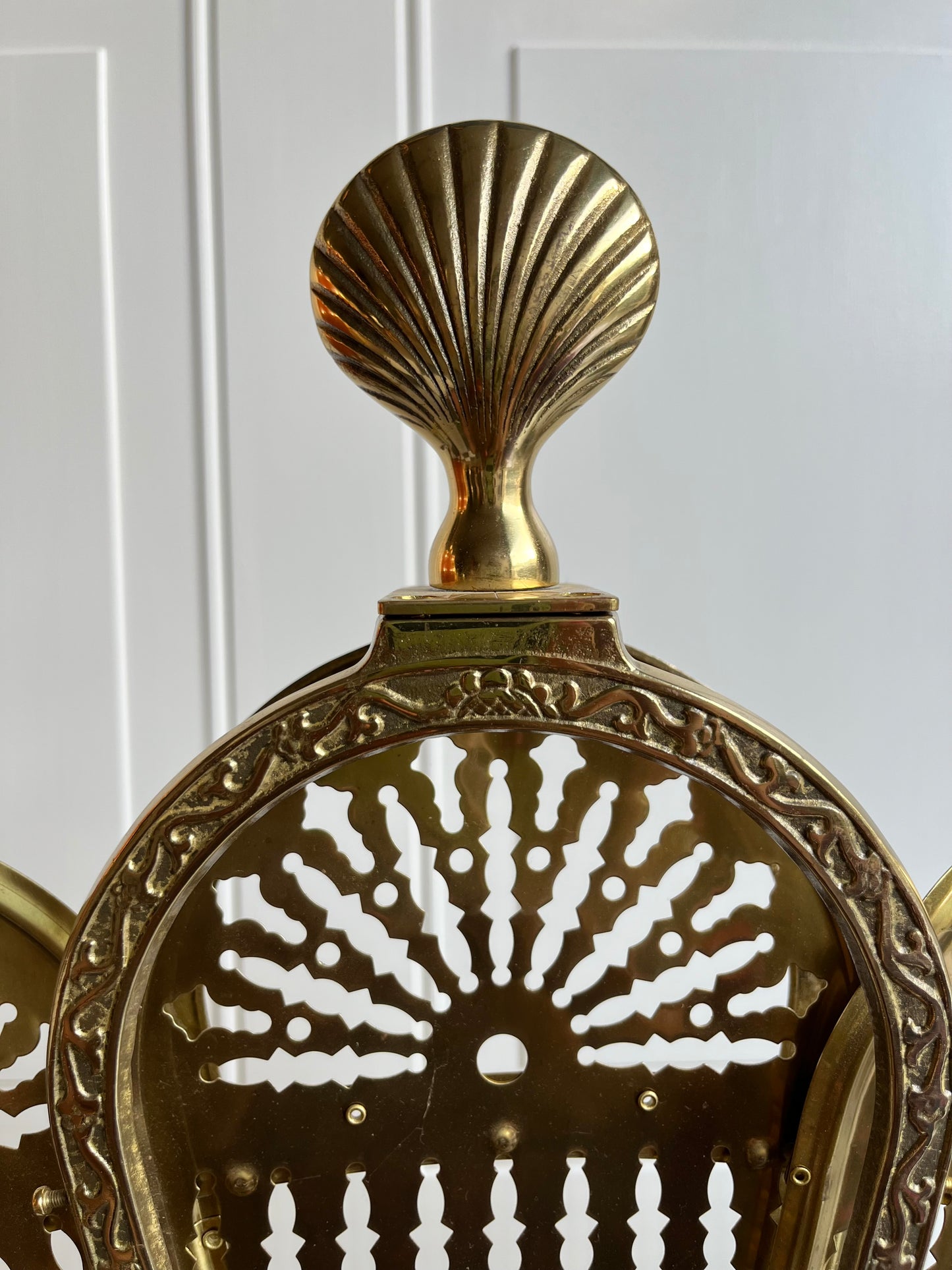 Vintage Brass Clam Seashell Brass Peacock Fireplace Folding Fan Screen