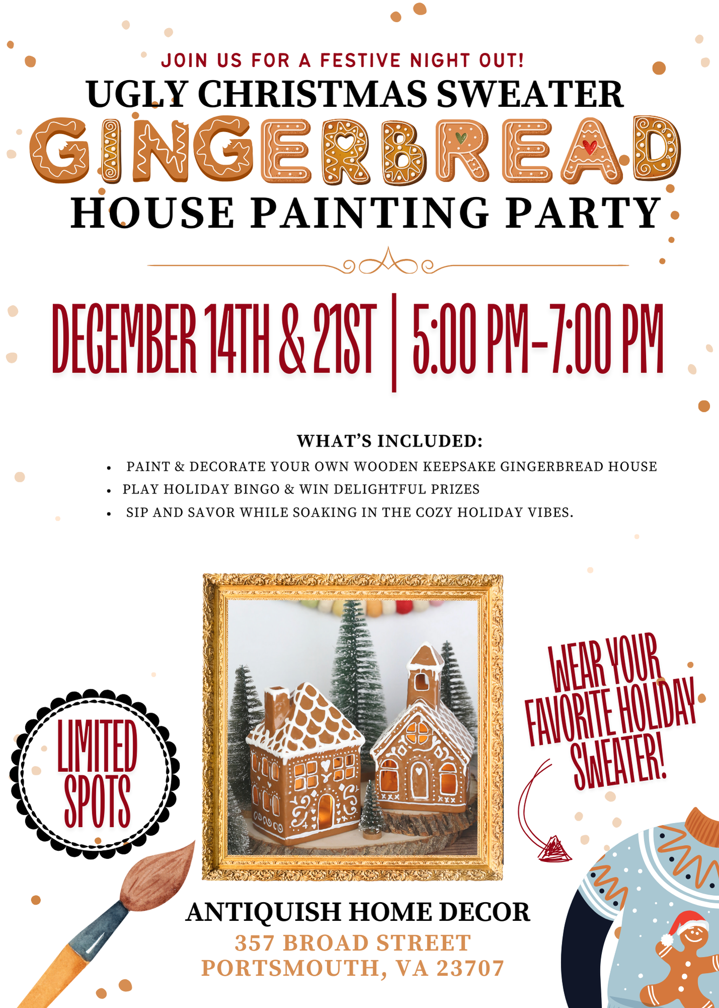 Join Us for an Ugly Christmas Sweater Gingerbread House Painting Party