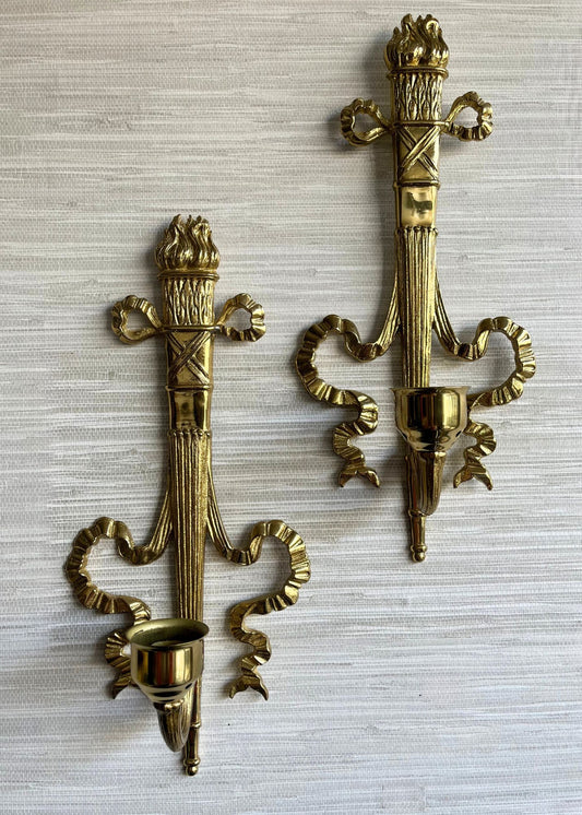 Vintage Pair Bombay Brass French Style Wall Sconces Torch & Ribbon Candle Holders