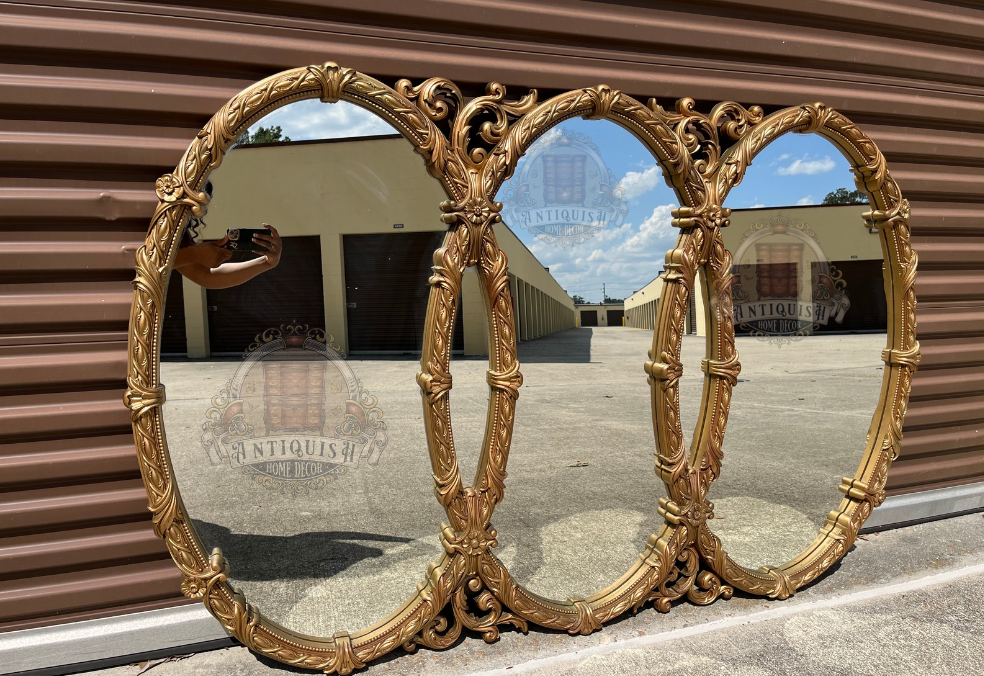 Vintage Mid Century Gold Bassett Triptych Hollywood Regency Oval Wall Mirror