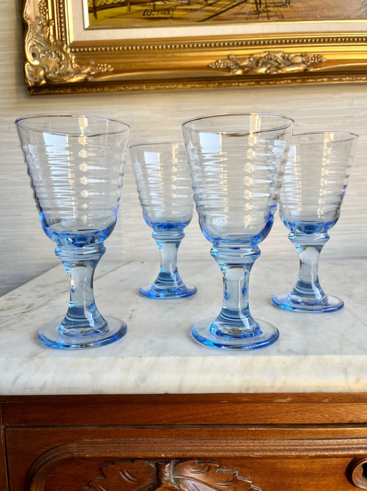 Vintage Blue Libbey Sirrus  Footed Water Wine Glasses Goblets Set of 4