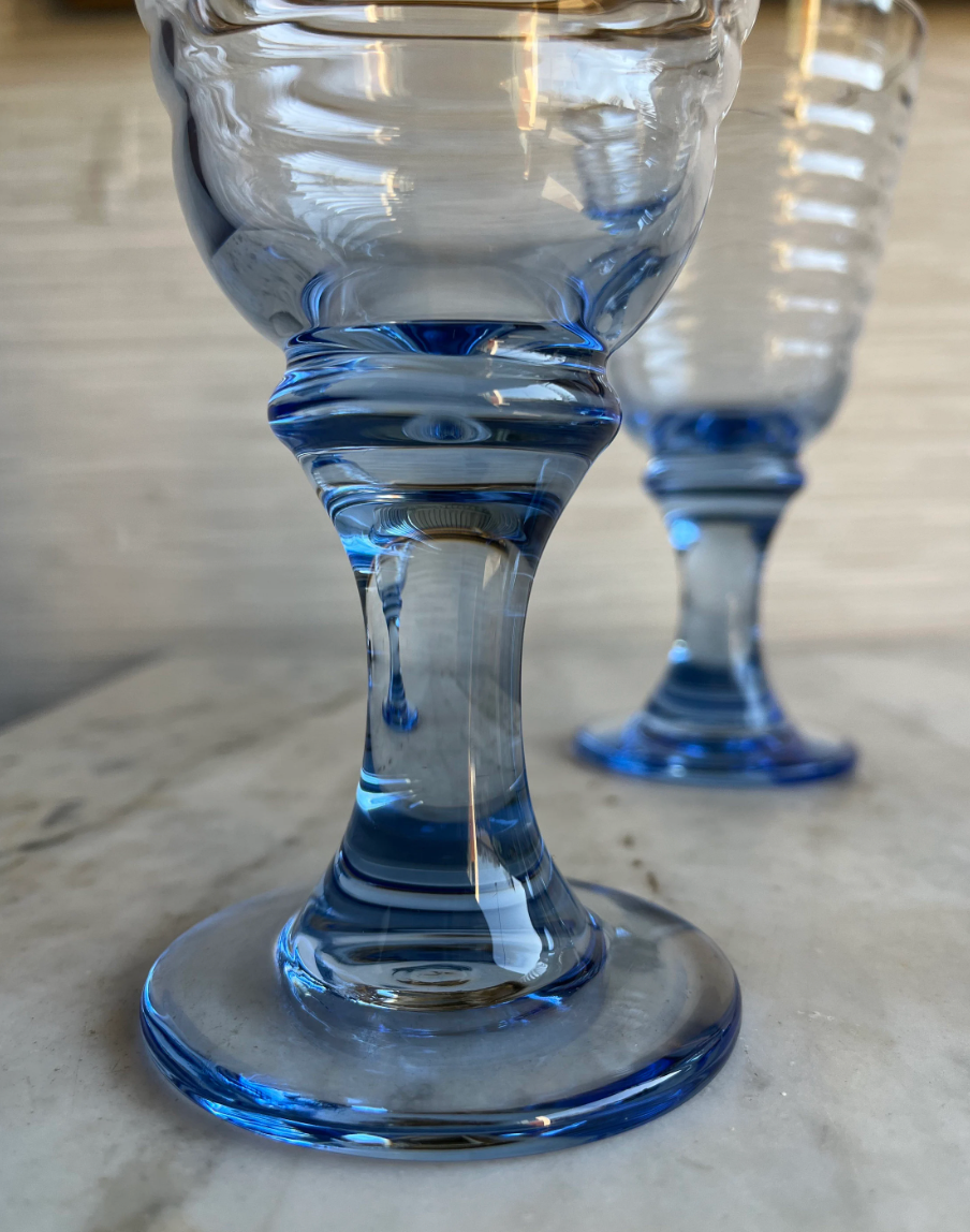 Vintage Blue Libbey Sirrus  Footed Water Wine Glasses Goblets Set of 4