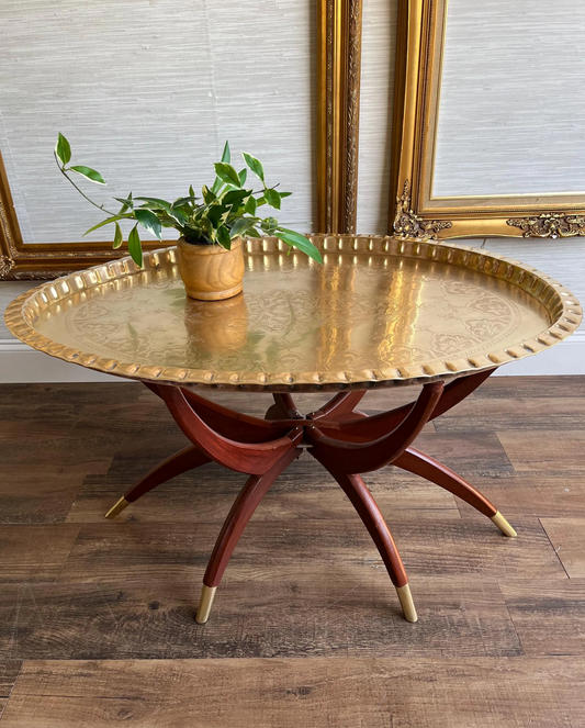 Vintage Mid-Century Moroccan Brass Coffee Table with Scalloped Edge & Folding Spider-Leg Base