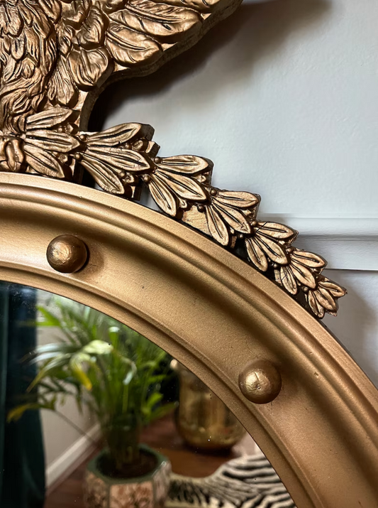 Vintage Federalist Eagle Acanthus Leaves Hand Carved Giltwood Round Gold Mirror