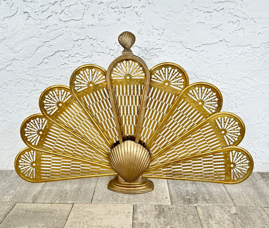 Vintage Seashell Clam Peacock Fireplace Folding Fan Screen