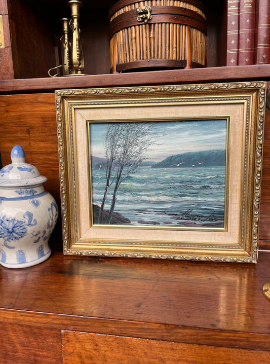 Vintage Coastal Landscape Oil Painting in Gold Ornate Frame