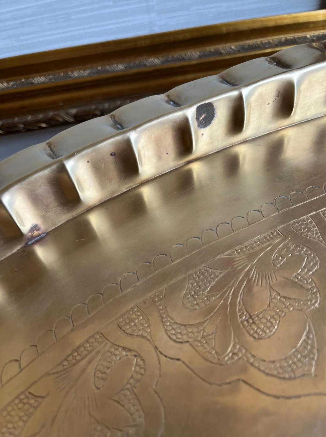 Vintage Mid-Century Moroccan Brass Coffee Table with Scalloped Edge & Folding Spider-Leg Base