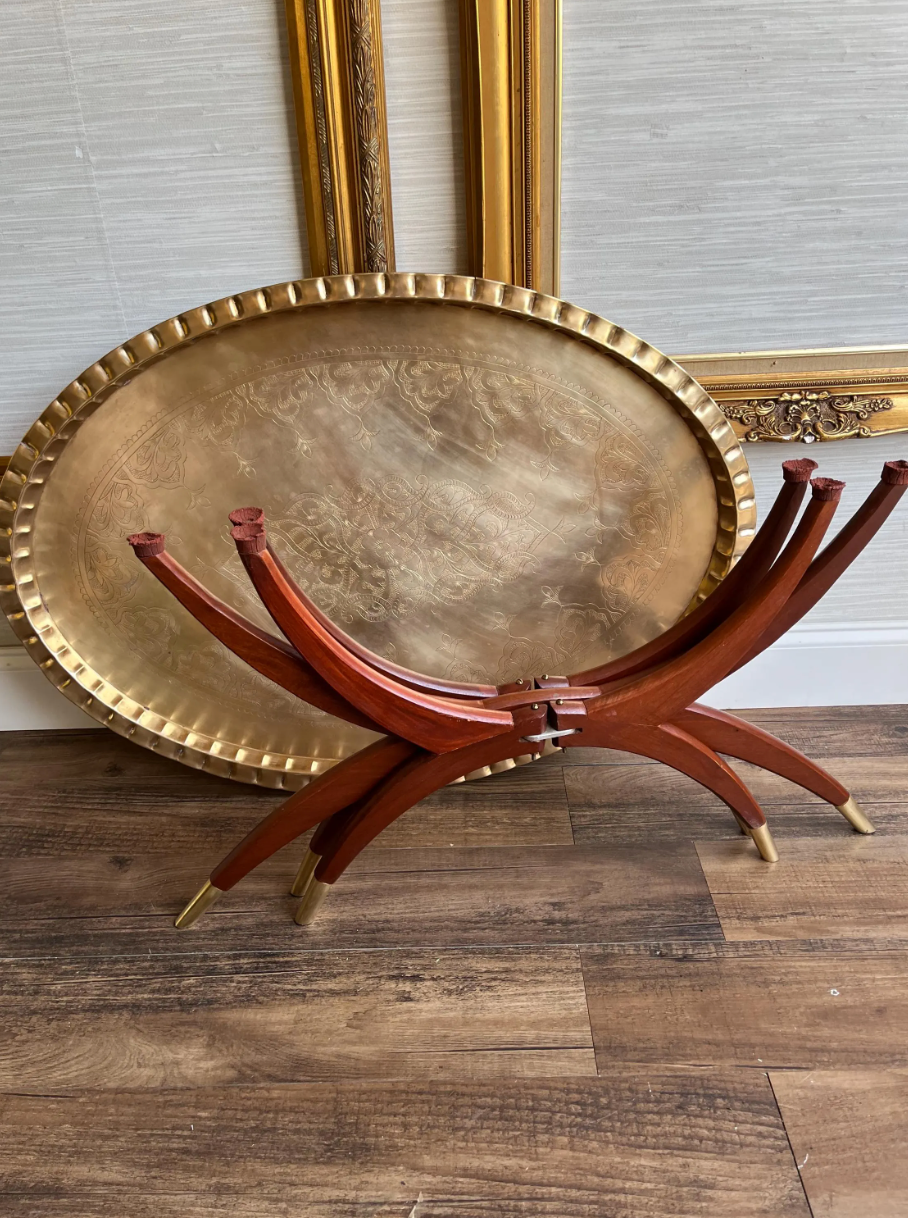 Vintage Mid-Century Moroccan Brass Coffee Table with Scalloped Edge & Folding Spider-Leg Base