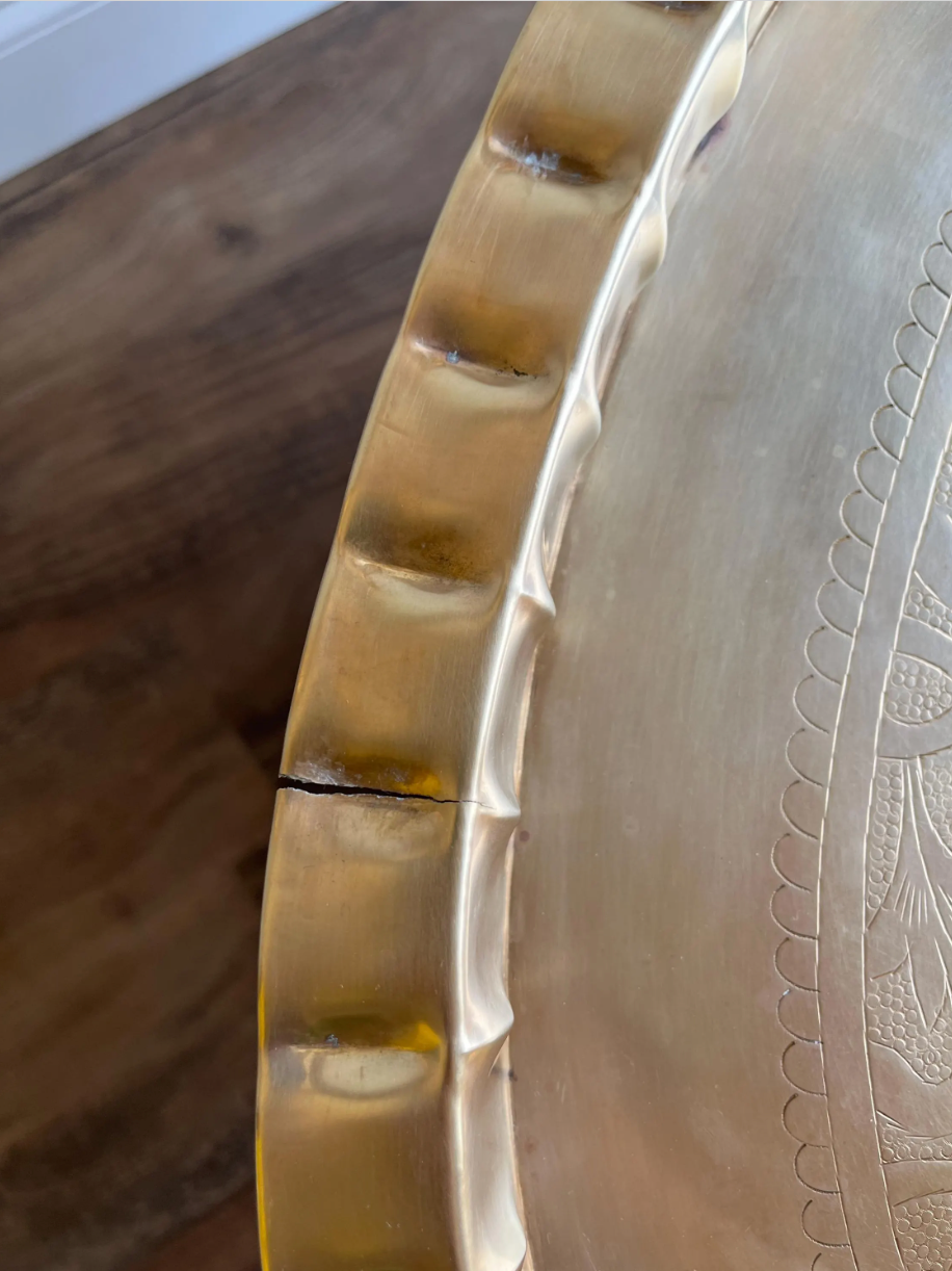 Vintage Mid-Century Moroccan Brass Coffee Table with Scalloped Edge & Folding Spider-Leg Base