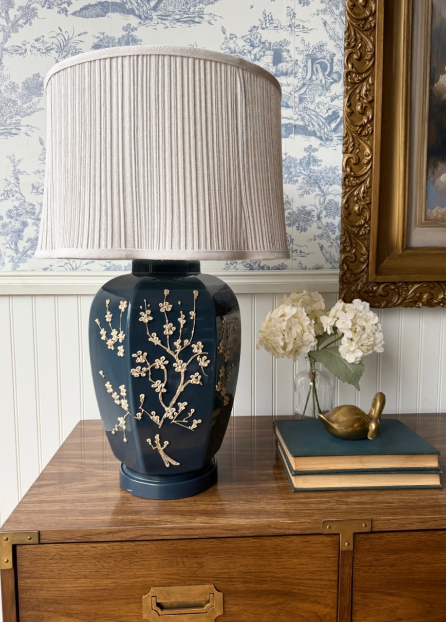 Vintage Navy Impasto Table Lamp with Hand Sculpted Floral Relief and Pleated Shade