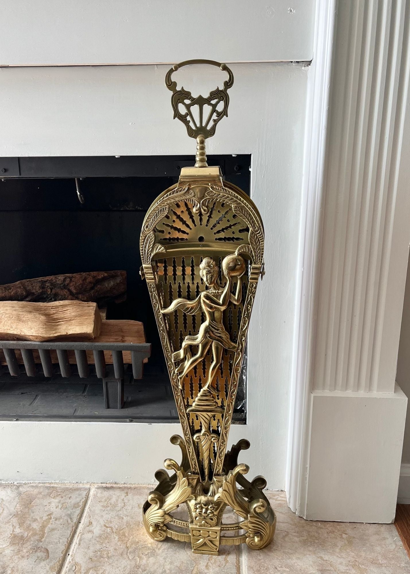 Antique 1930s Brass Folding Fan Fireplace Screen with Classical Figural Motif