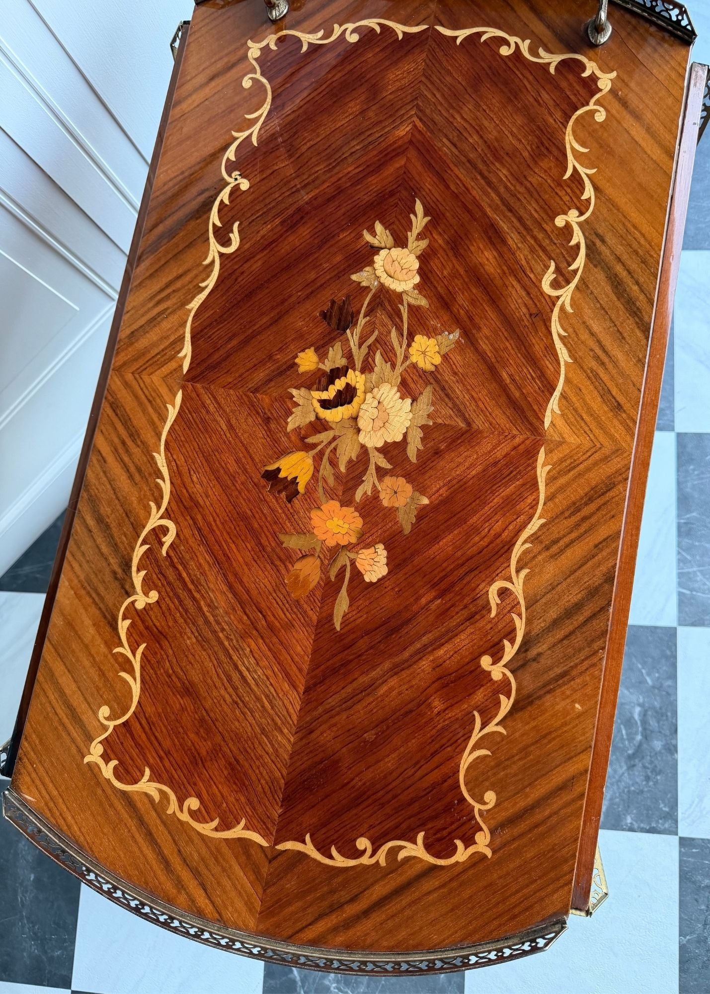 Vintage Italian Marquetry Bar Cart with Brass Gallery & Wheels | Vintage Folding Drop Leaf Wood Serving Trolley with Bottle Holders