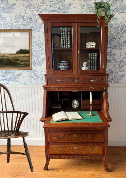 Antique Victorian Burl Walnut Secretary Bookcase, c. 1880s, Drop Front Writing Desk Display Cabinet
