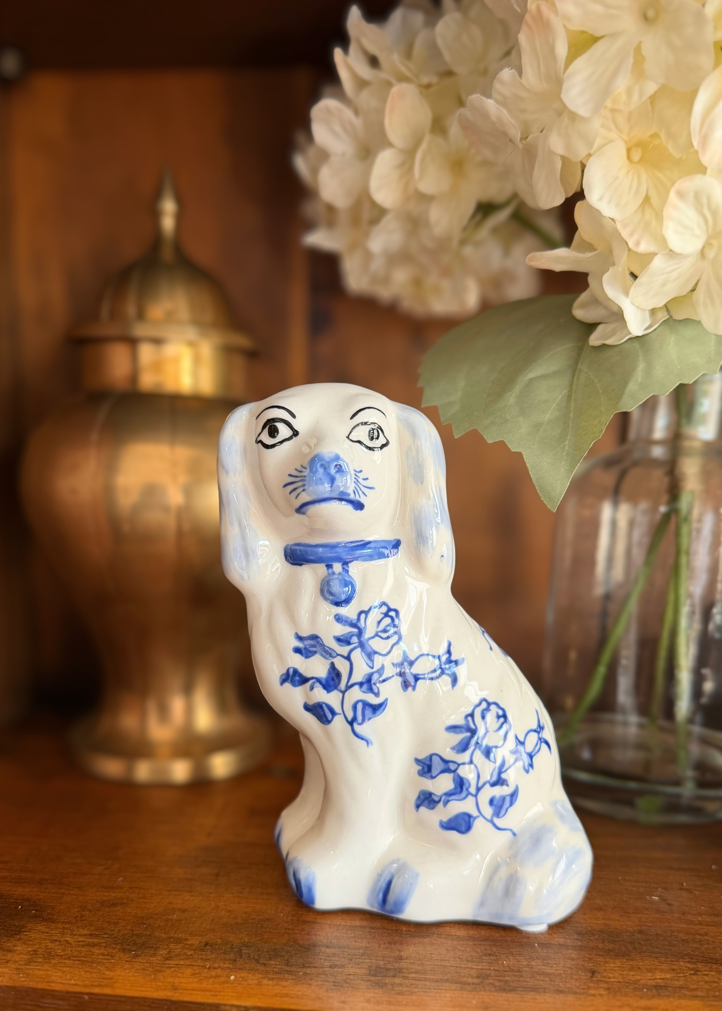 Hand-Painted Staffordshire Style Spaniel | Blue & White Ceramic Dog Figurine