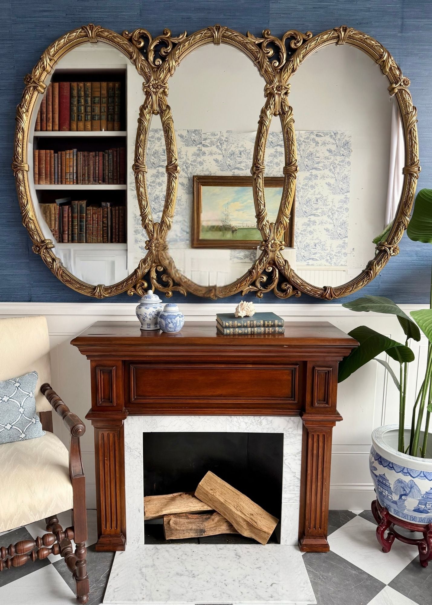 Vintage Triptych Oval Ornate Gold Wall Mirror – Attributed to Bassett | Hollywood Regency French Provincial Style