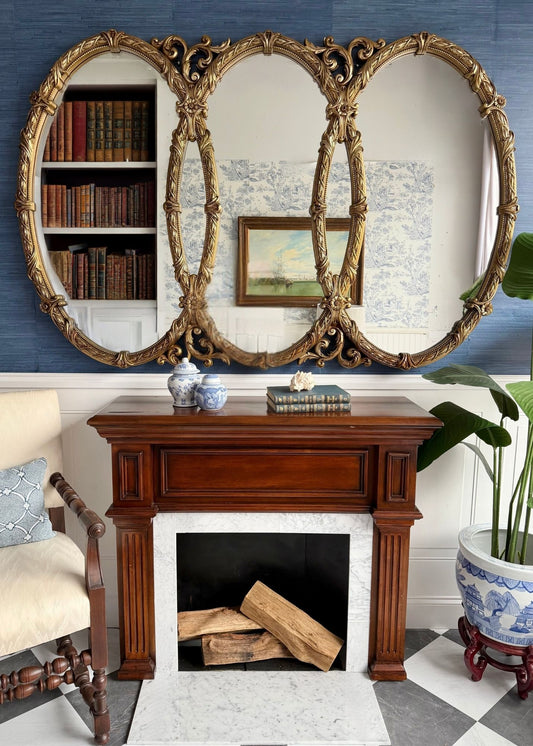 Vintage Triptych Oval Ornate Gold Wall Mirror – Attributed to Bassett | Hollywood Regency French Provincial Style