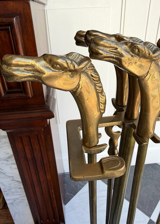 Vintage Brass Fireplace Tools Set with Horse Head Finials | Decorative Neoclassical Equestrian Hearth Accessories