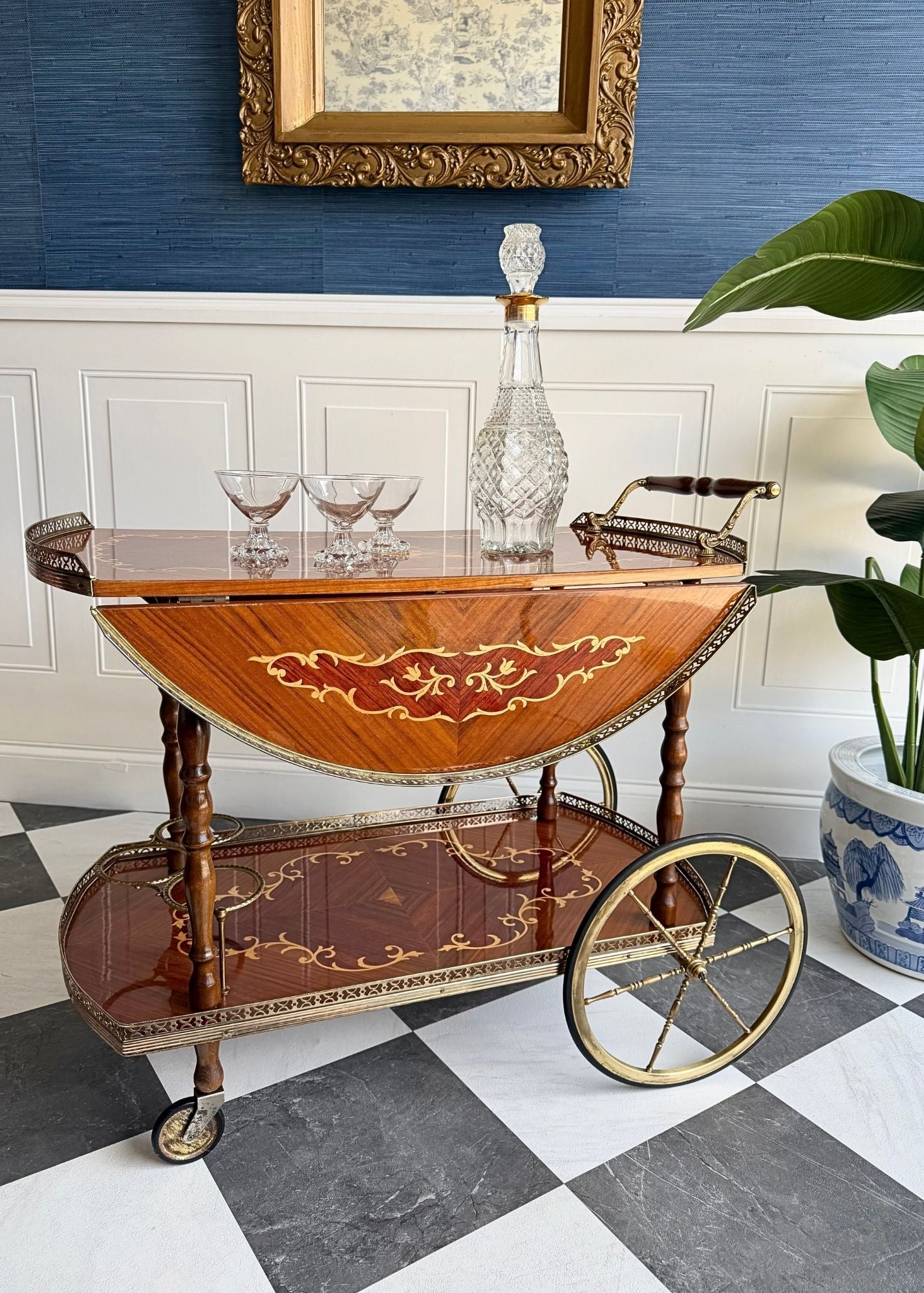 Vintage Italian Marquetry Bar Cart with Brass Gallery & Wheels | Vintage Folding Drop Leaf Wood Serving Trolley with Bottle Holders