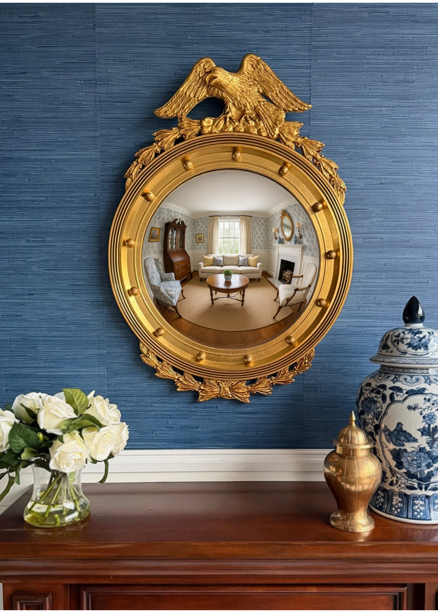 Vintage Colonial Revival Federal Eagle Round Convex Giltwood Mirror — Made in America by AJ Olson Co. (Mississippi), 20th Century