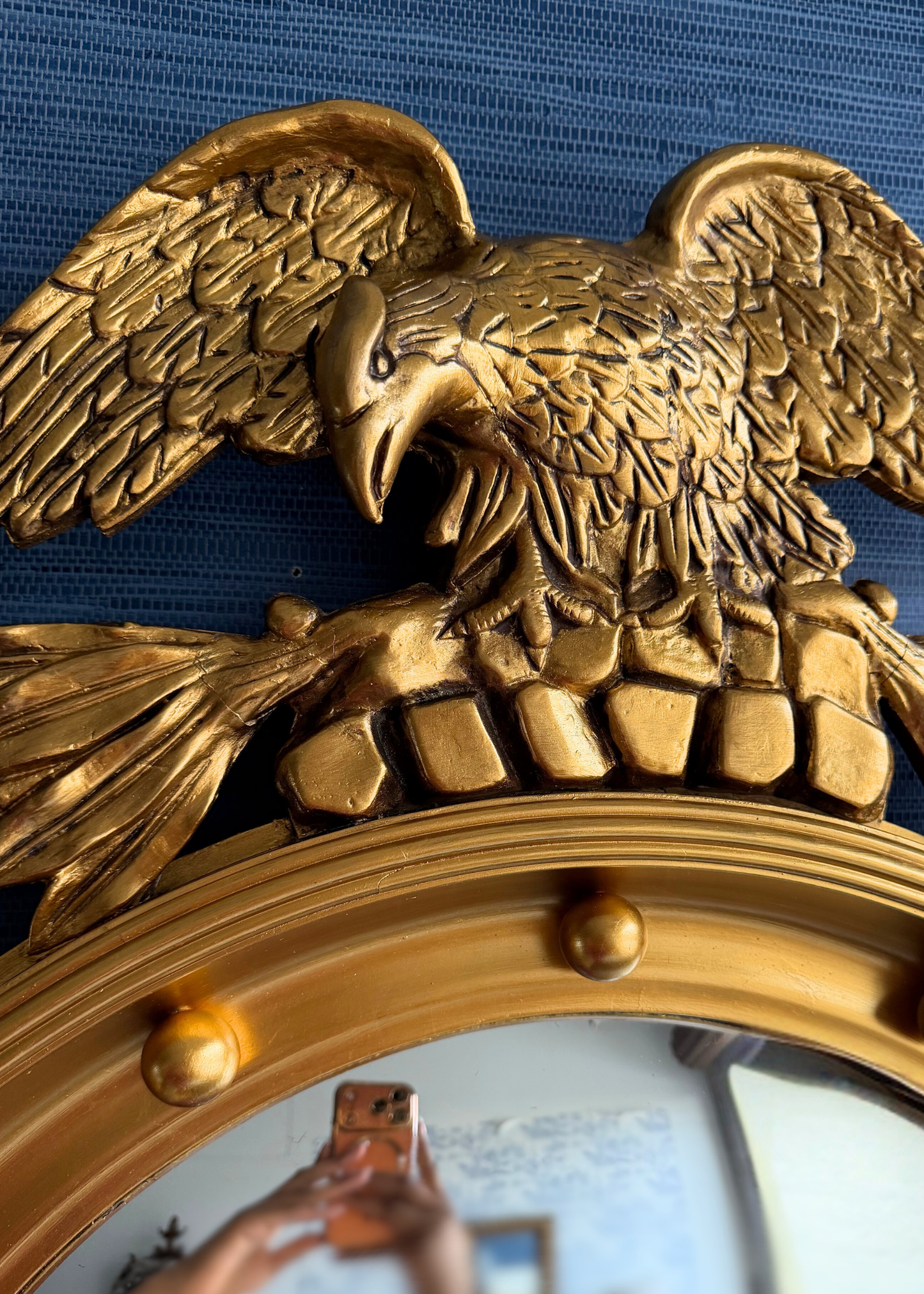 Vintage Federal Eagle Convex Giltwood Mirror (37” Tall) — Colonial Revival Wall Mirror, Mid-Century American