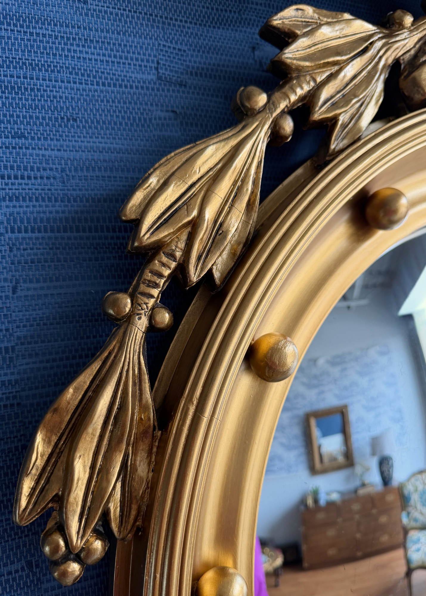 Vintage Federal Eagle Convex Giltwood Mirror (37” Tall) — Colonial Revival Wall Mirror, Mid-Century American