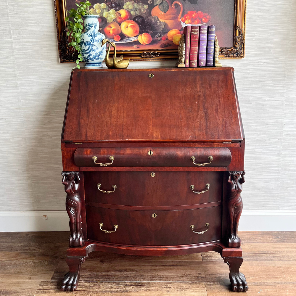 Antique 1890s Italian Mahogany Secretary Desk with Caryatid Carvings & Paw Feet – Drop Front Writing Desk