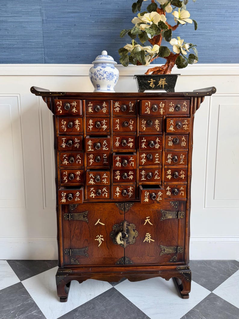 Vintage Chinese Apothecary Cabinet – Mid Century Herb Medicine Chest with Labeled Drawers, Asian Chinoiserie Storage Cabinet
