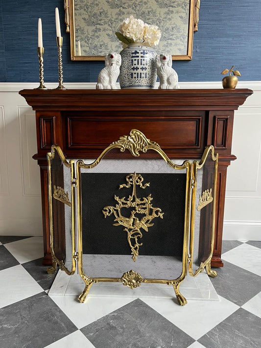 Vintage French Provincial Rococo Style TriFold Ribbons Love Birds Solid Brass Fireplace Screen