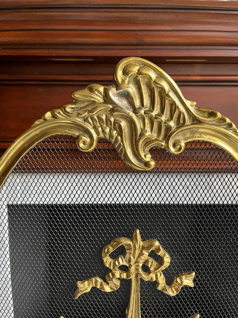 Vintage French Provincial Rococo Style TriFold Ribbons Love Birds Solid Brass Fireplace Screen