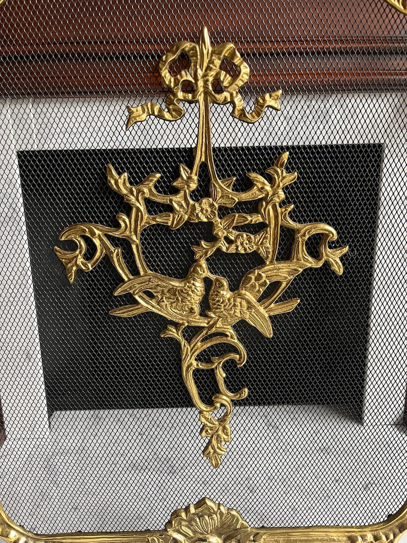 Vintage French Provincial Rococo Style TriFold Ribbons Love Birds Solid Brass Fireplace Screen