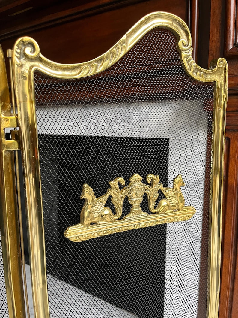 Vintage French Provincial Rococo Style TriFold Ribbons Love Birds Solid Brass Fireplace Screen