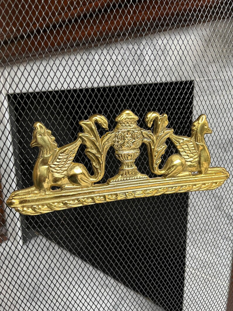 Vintage French Provincial Rococo Style TriFold Ribbons Love Birds Solid Brass Fireplace Screen