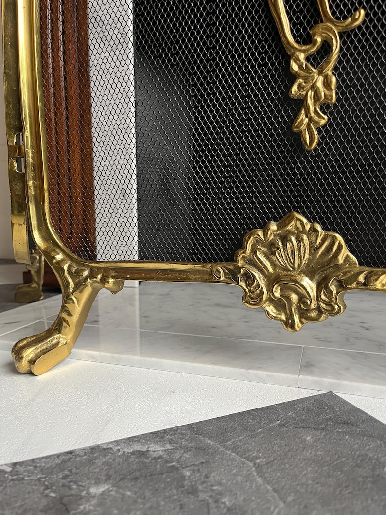 Vintage French Provincial Rococo Style TriFold Ribbons Love Birds Solid Brass Fireplace Screen