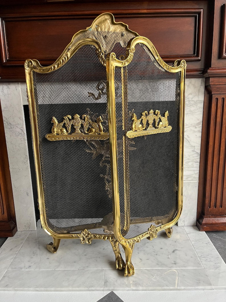 Vintage French Provincial Rococo Style TriFold Ribbons Love Birds Solid Brass Fireplace Screen