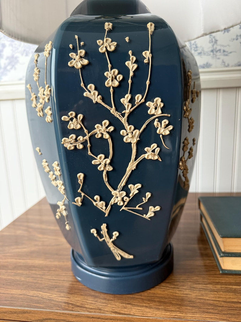 Vintage Navy Impasto Table Lamp with Hand Sculpted Floral Relief and Pleated Shade