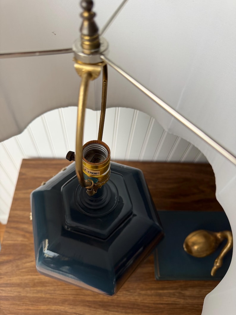 Vintage Navy Impasto Table Lamp with Hand Sculpted Floral Relief and Pleated Shade