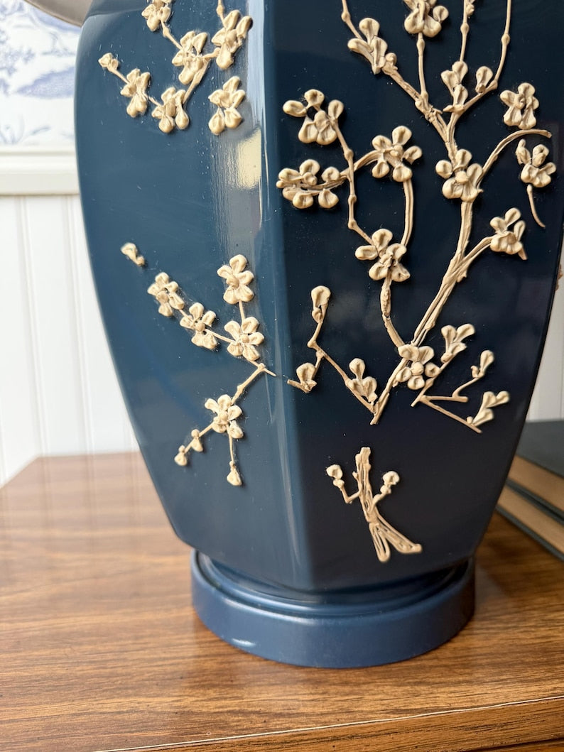 Vintage Navy Impasto Table Lamp with Hand Sculpted Floral Relief and Pleated Shade